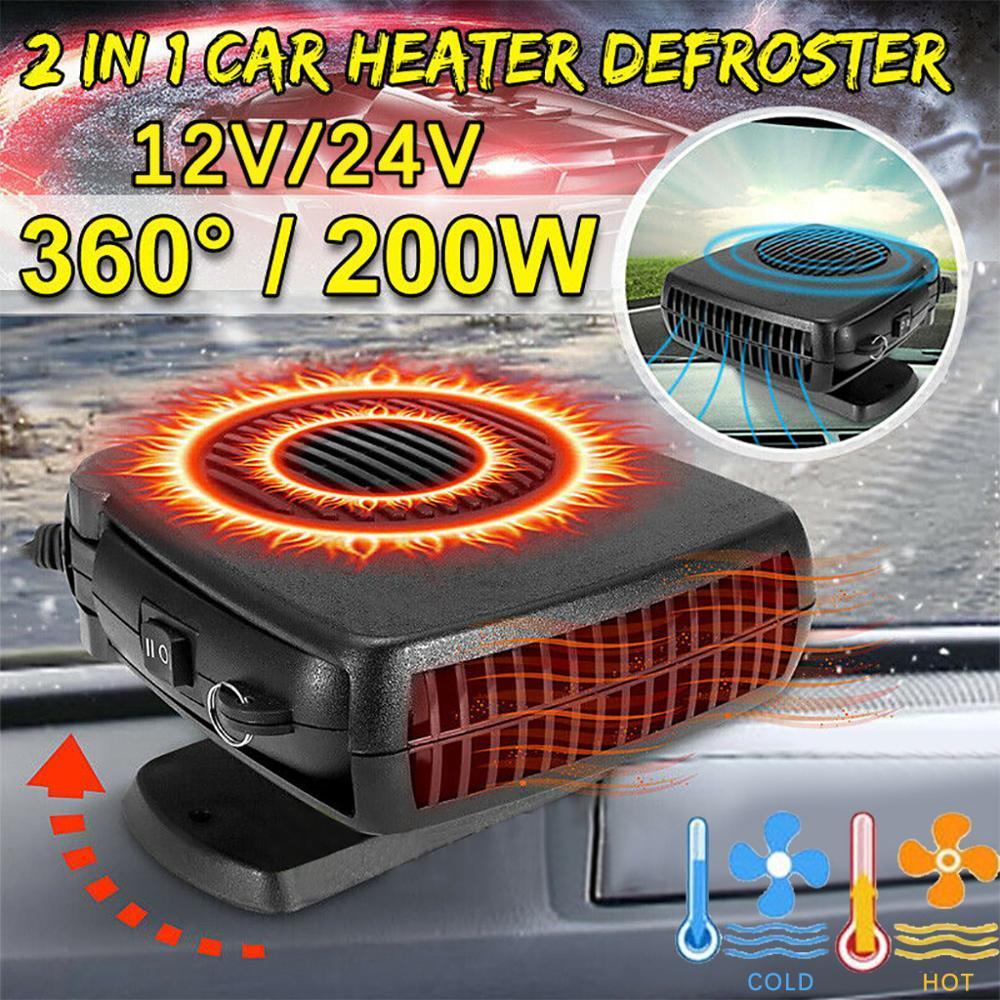 Car Heater on dashboard in car. Text says "2 in 1 car heater defroster 12v/24v, 360/200w"