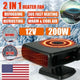 Car Heater with snowy forest background. Text says "2 in 1 heater fan, defogging, defrosting, 30s fast heating, warm and cool air, 12v, 200w"
