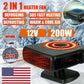 Car Heater with snowy forest background. Text says "2 in 1 heater fan, defogging, defrosting, 30s fast heating, warm and cool air, 12v, 200w"