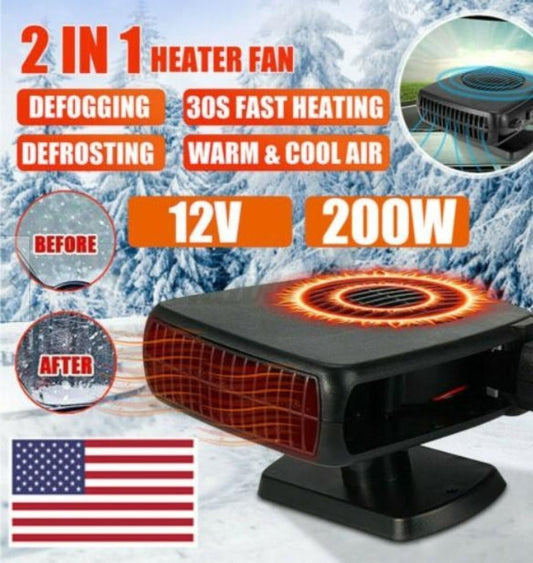 Car Heater with snowy forest background. Text says "2 in 1 heater fan, defogging, defrosting, 30s fast heating, warm and cool air, 12v, 200w"