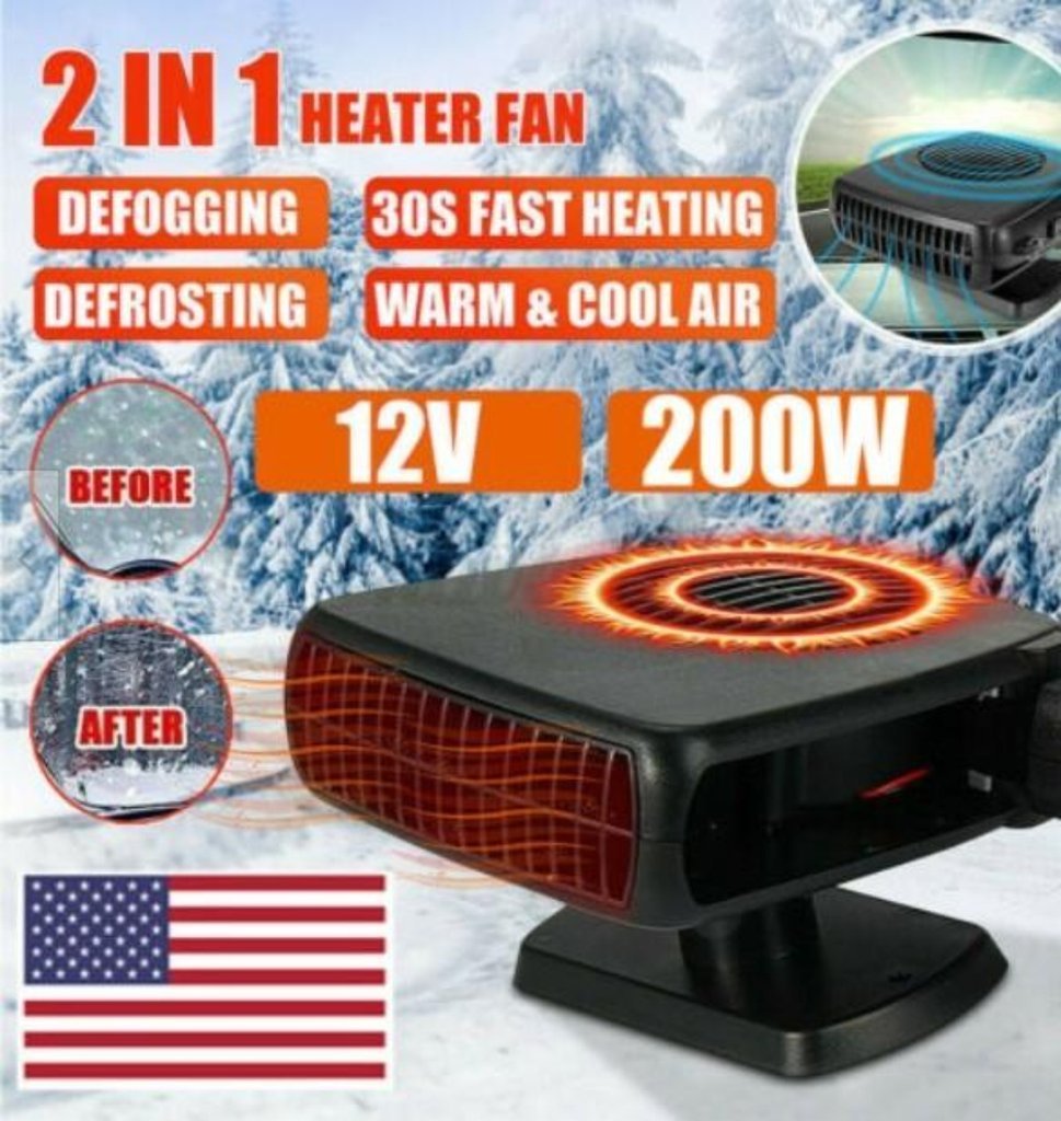 Car Heater with snowy forest background. Text says "2 in 1 heater fan, defogging, defrosting, 30s fast heating, warm and cool air, 12v, 200w"