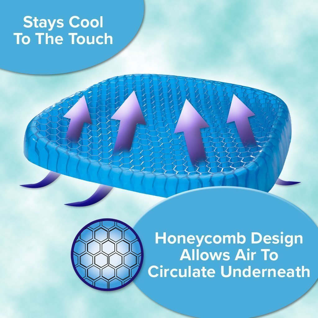 Egg Sitter Support Cushion 2-Pack infographic showing honeycomb design, allows air to circulate underneath, stays cool to the touch