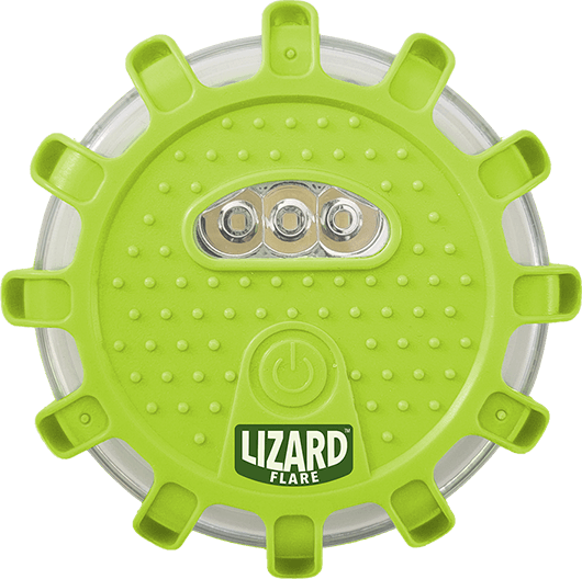 round flat green flare light with white ring around the outside of the unit and 3 smalls lights in the middle of the unit. Lizard Flare logo on the front . All on transparent background