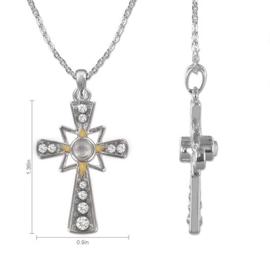 Close up of Lord's Prayer Magnifier Cross Necklace and its measurements. "1.36in x 0.9in"