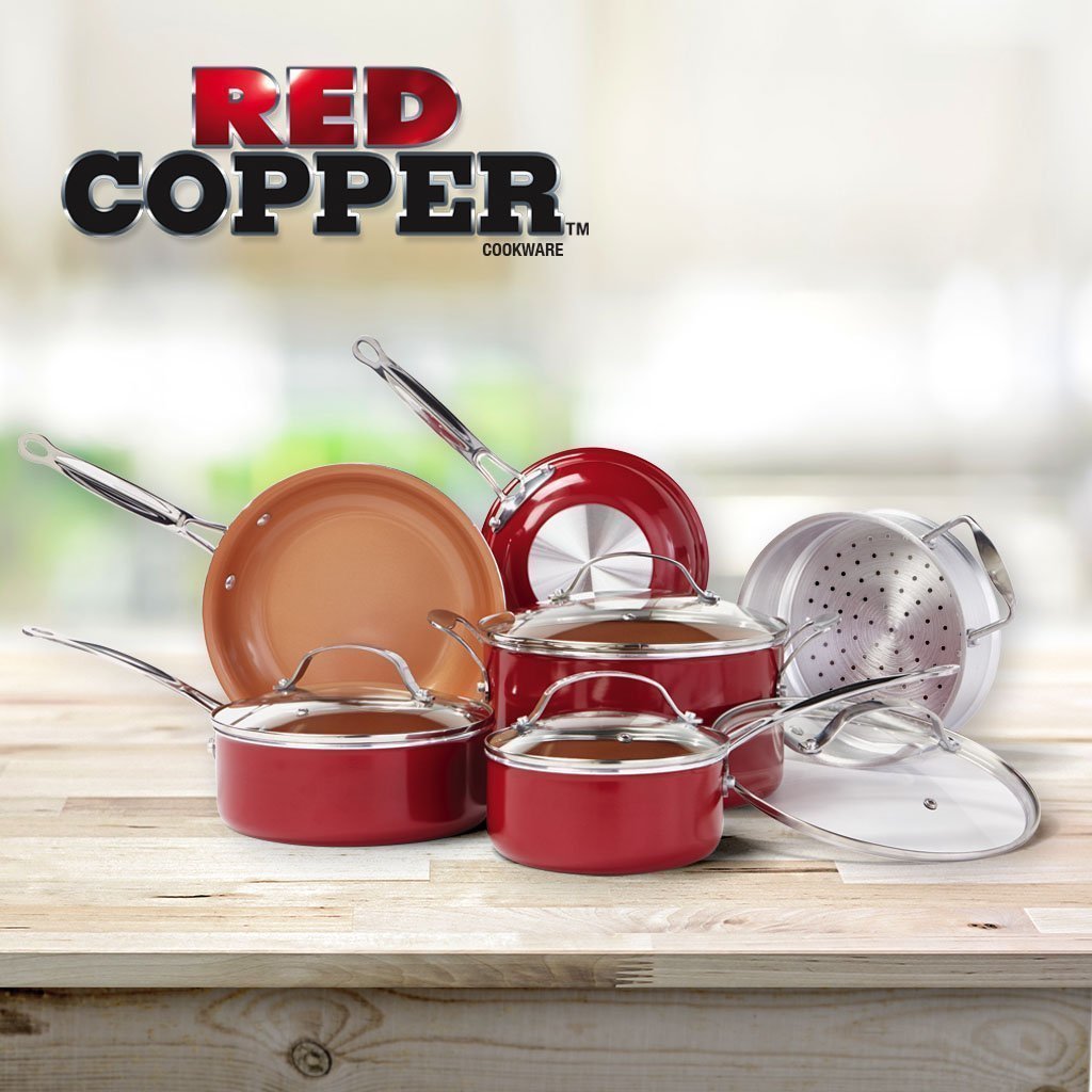 Red Copper 10 Piece Cookware Set on a kitchen counter. Text says Red Copper