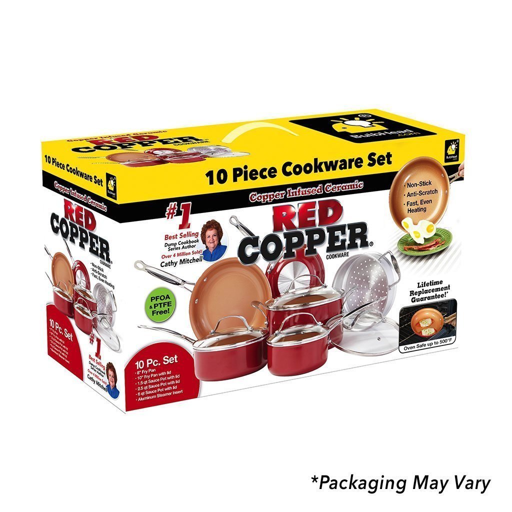 Red Copper 10 Piece Cookware Set packaging isolated on a white background