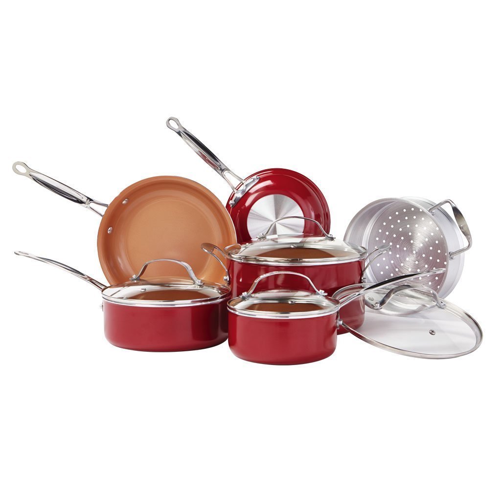 Red Copper 10 Piece Cookware Set isolated on a white background