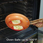 Red Copper Pan being placed into oven with food in it to cook. Text says Oven Safe Up To Five Hundred Degrees Fahrenheit