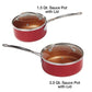 Red Copper 1.5 quart sauce pot with a lid on and the 2.5 quart sauce pot with lid on next to each other isolated on a white background