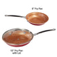 Red Copper 8 inch Fry Pan and the 10 inch fry pan with a lid on it next to each other isolated on a white background
