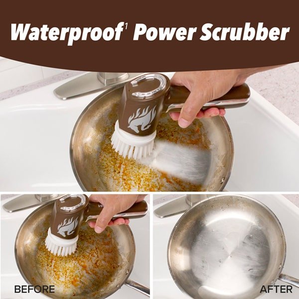 A hand uses the Horsepower Scrubber cordless power scrubber to clean a pan. The before image shows food residue, while the after image displays a spotless, completely clean pan.