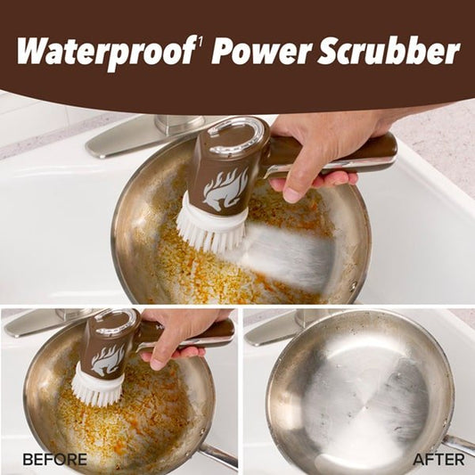 A hand uses the Horsepower Scrubber cordless power scrubber to clean a pan. The before image shows food residue, while the after image displays a spotless, completely clean pan.