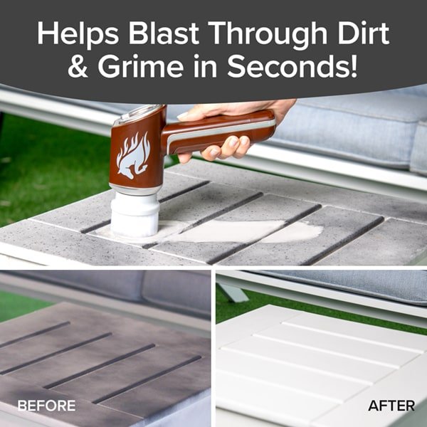 The Horsepower Scrubber easily removes dirt from surfaces. Bottom left: dirty area labeled BEFORE; bottom right: spotless area labeled AFTER. Top text: "Horsepower Scrubber Blasts Through Dirt & Grime in Seconds!.