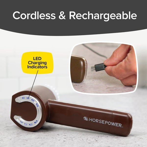 The Horsepower Scrubber is a brown, cordless power scrubber with LED charging indicators. An inset shows a hand plugging in the charger. Above, text reads "Cordless & Rechargeable," emphasizing its convenient, portable design.