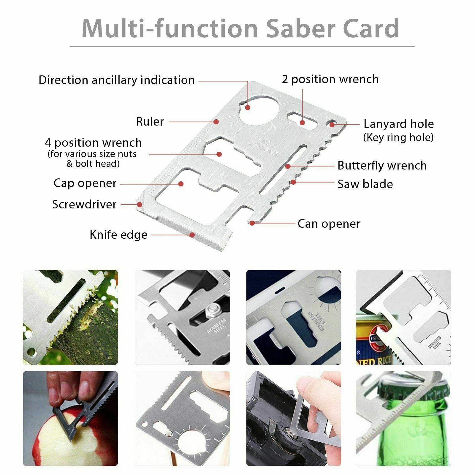 Multiple images of the multi function Saber Card and its uses. Text says "Multi function Saber Card"