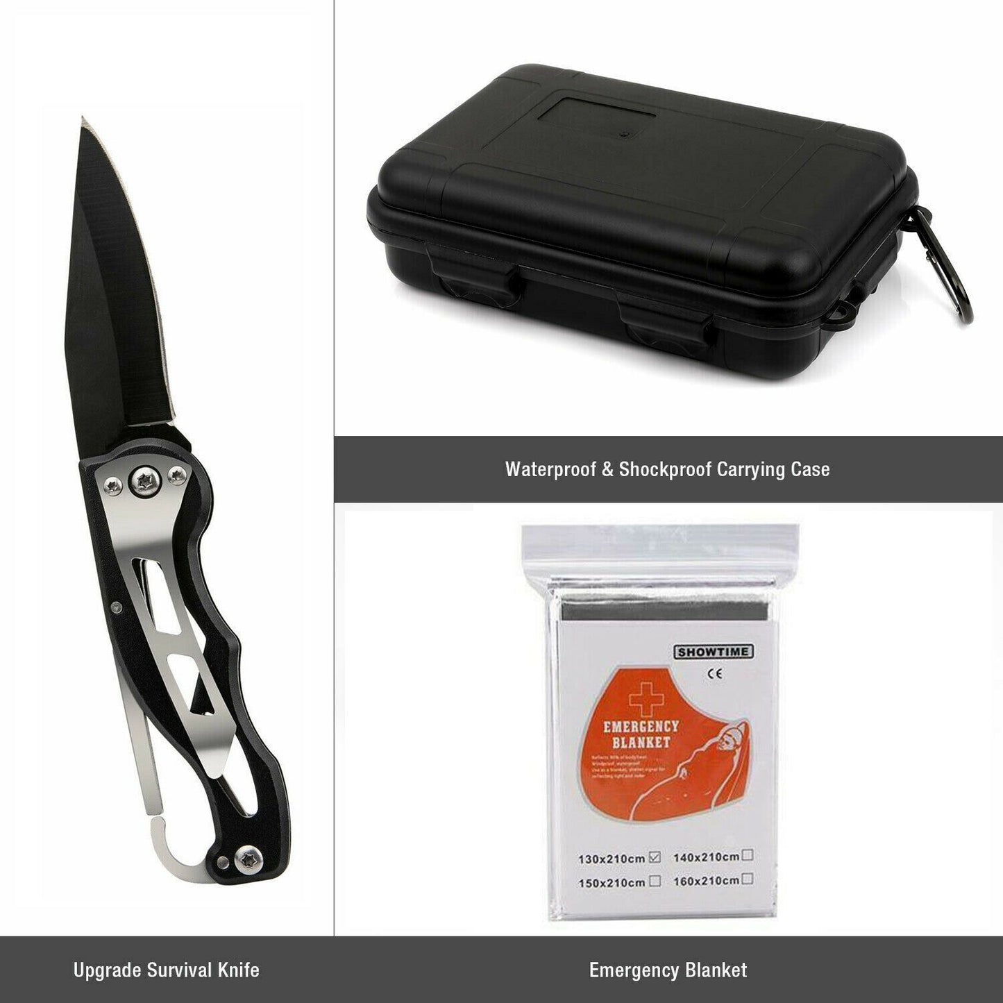 The upgraded survivla knife, waterproof & shockproof carrying case, and emergency blanket