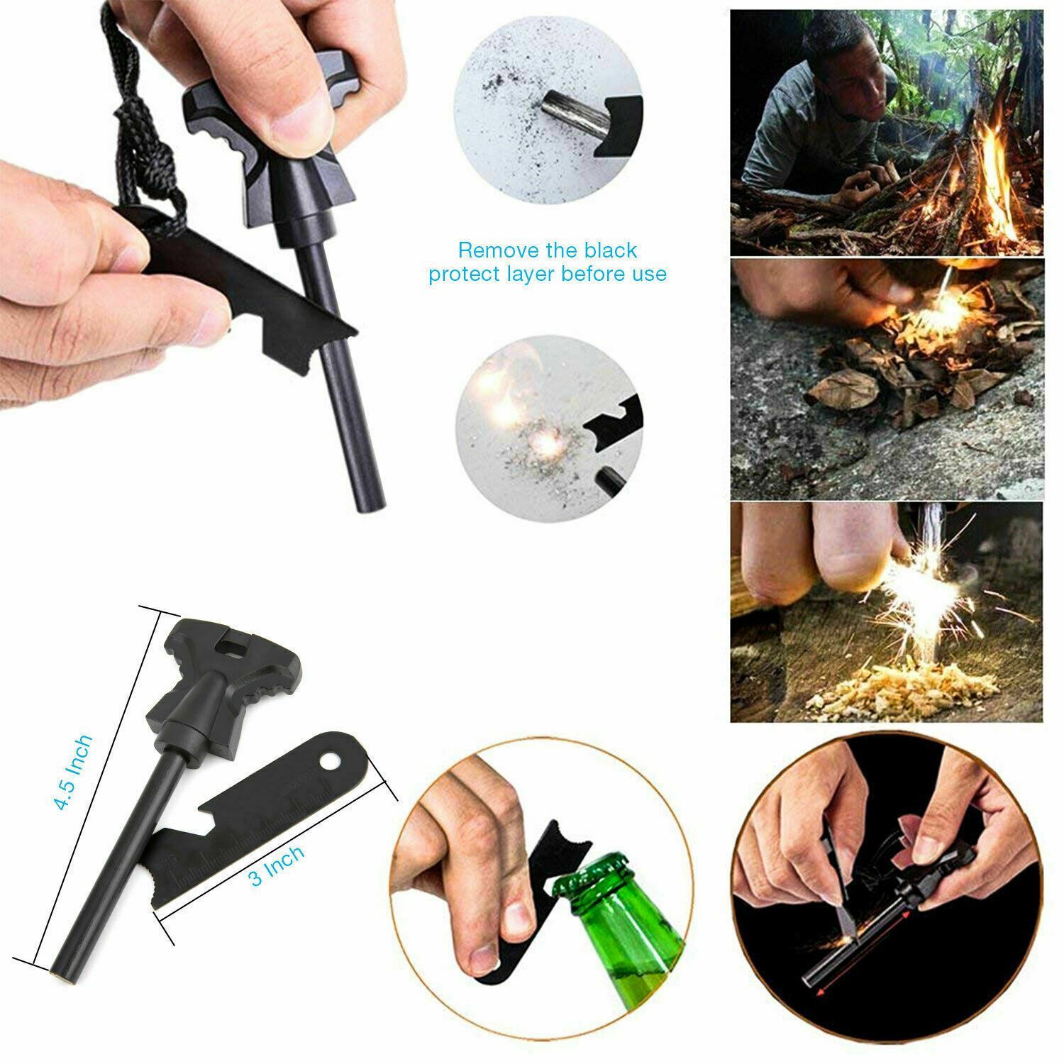 Multiple images of the ferrocerium rod & flint with striker in use. Text says "Remove the black protect layer before use"