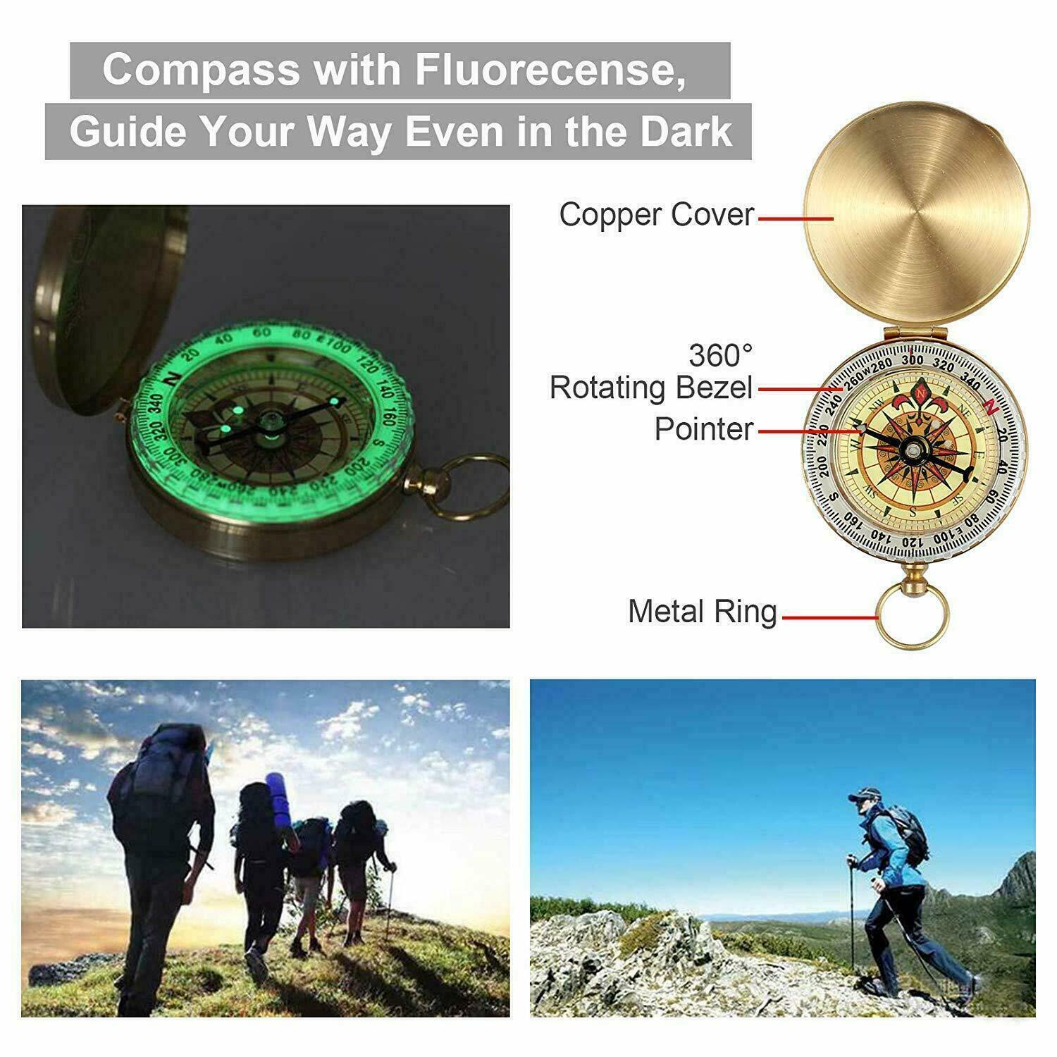 The compass oprn and lit up wih its features highlighted. Text says "Compass with fluorescense, Guide your way even in the dark, copper cover, 360 degree rotating bezel pointer, metal ring"