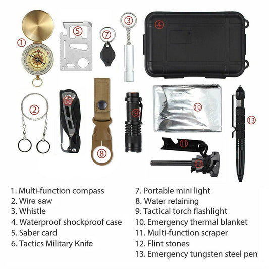 14-in-1 Outdoor Emergency Survival Kit tools and their names