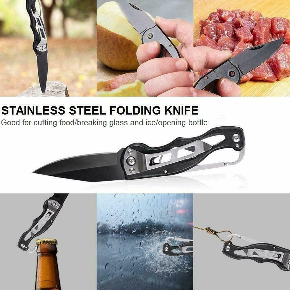 Multiple images of the stainless steel folding knife in different uses. Text says "Stainless Steel Folding Knife, Good for cutting food/breaking glass and ice/opening bottle