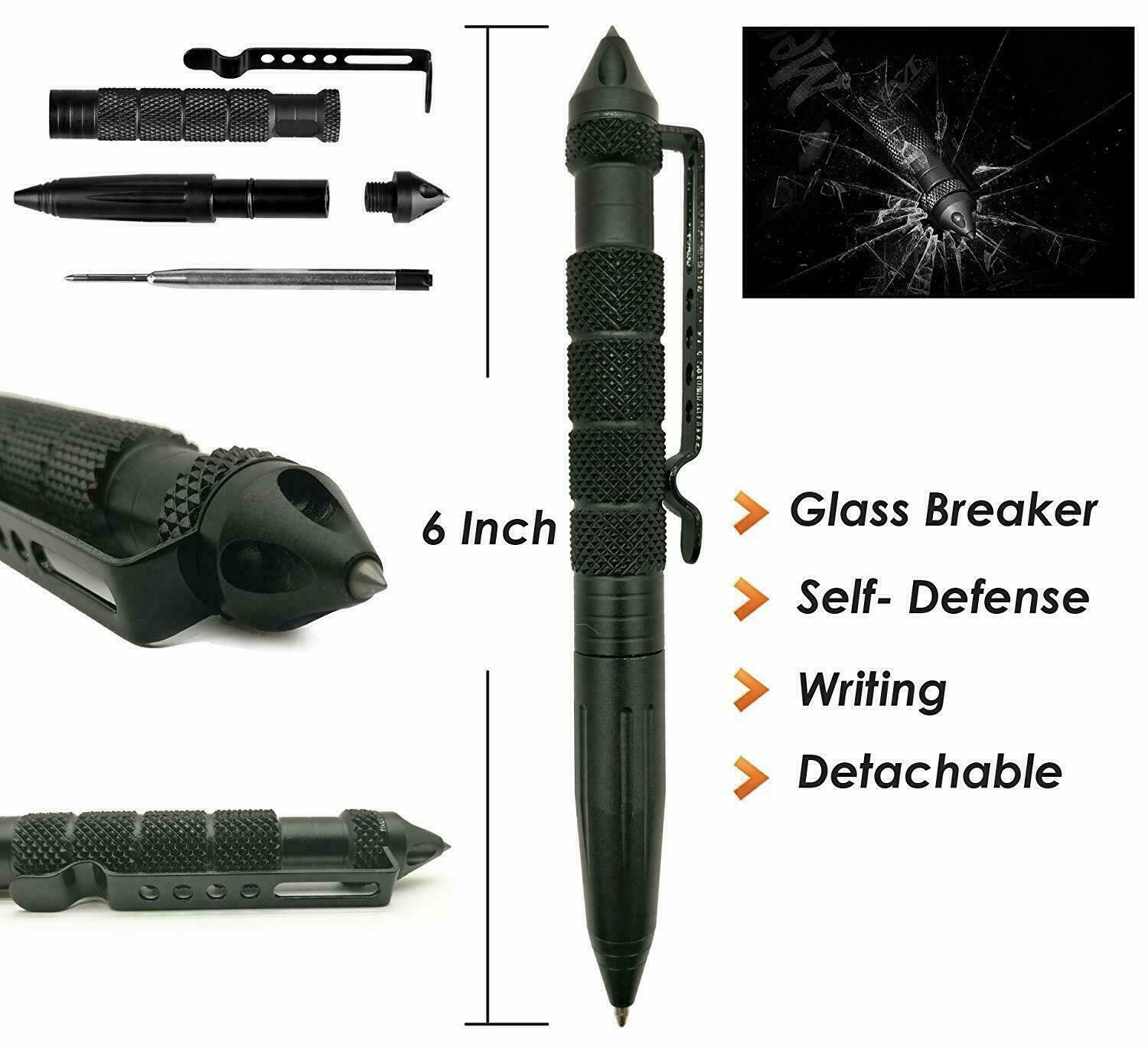 Tact Pen and its features and measurement. Text says 6 in, Glass Breaker, Self Defense, Writing, Detachable"