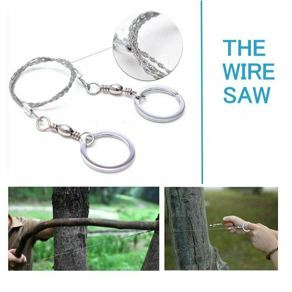 Multiple images of the wire saw in use on trees.