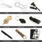 The whistle, wire saw, ferrocerium rod & flint with striker, upgrade compass, LED keychain light, flashlight, tact pen with carbide tip, water retraining, and credit card knife