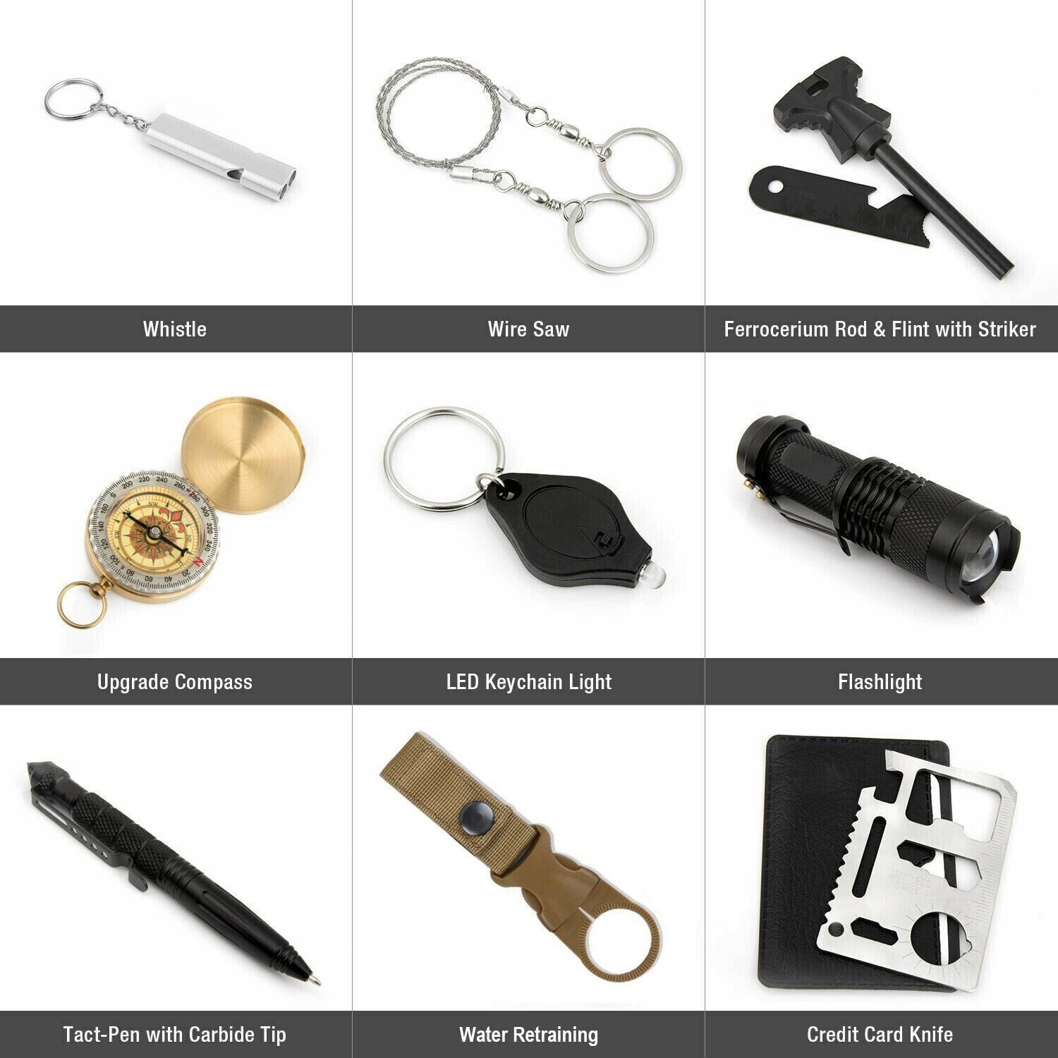 Compact Survival Card Lite Compass Knife Whistle Fire Starter 8 in